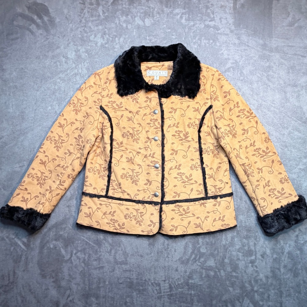 Vtg County Clothing Co Jacket Womens Sz M Tan Floral Print Faux Fur Trim Western